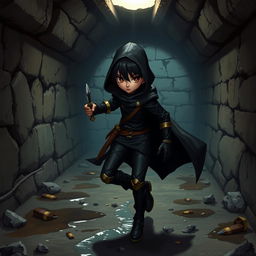 A medium-sized character with black hair and brown eyes, dressed in sleek black thief attire, stealthily moving through a dimly lit sewer in a Dungeons & Dragons setting