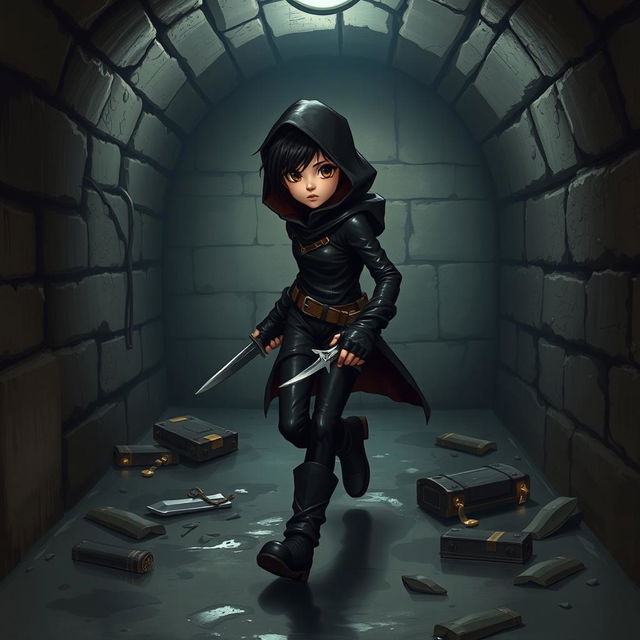 A medium-sized character with black hair and brown eyes, dressed in sleek black thief attire, stealthily moving through a dimly lit sewer in a Dungeons & Dragons setting