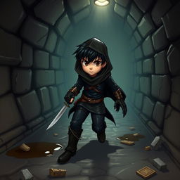 A medium-sized character with black hair and brown eyes, dressed in sleek black thief attire, stealthily moving through a dimly lit sewer in a Dungeons & Dragons setting