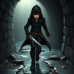 A medium-sized character with black hair and brown eyes, dressed in sleek black thief attire, stealthily moving through a dimly lit sewer in a Dungeons & Dragons setting