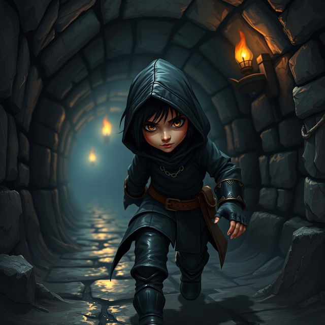 A halfling character with black hair and brown eyes, dressed in sleek black thief attire, stealthily navigating a dark Dungeons & Dragons-inspired sewer