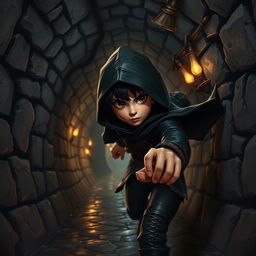 A halfling character with black hair and brown eyes, dressed in sleek black thief attire, stealthily navigating a dark Dungeons & Dragons-inspired sewer