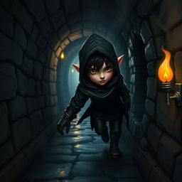 A halfling character with black hair and brown eyes, dressed in sleek black thief attire, stealthily navigating a dark Dungeons & Dragons-inspired sewer