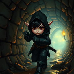 A halfling character with black hair and brown eyes, dressed in sleek black thief attire, stealthily navigating a dark Dungeons & Dragons-inspired sewer