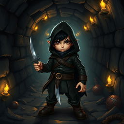 A halfling character with black hair and brown eyes, dressed in all-black thief attire, standing alert in a dark Dungeons & Dragons-inspired sewer