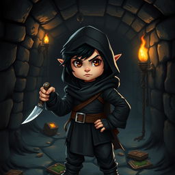 A halfling character with black hair and brown eyes, dressed in all-black thief attire, standing alert in a dark Dungeons & Dragons-inspired sewer