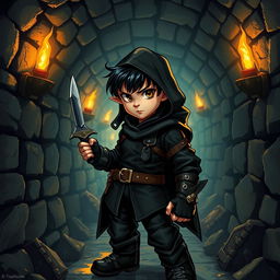 A halfling character with black hair and brown eyes, dressed in all-black thief attire, standing alert in a dark Dungeons & Dragons-inspired sewer