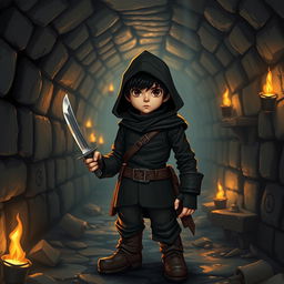 A halfling character with black hair and brown eyes, dressed in all-black thief attire, standing alert in a dark Dungeons & Dragons-inspired sewer