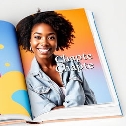 A stunning 22-year-old black woman, radiating confidence and beauty, posed elegantly on the cover page of a modern interactive book