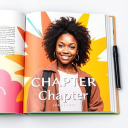 A stunning 22-year-old black woman, radiating confidence and beauty, posed elegantly on the cover page of a modern interactive book