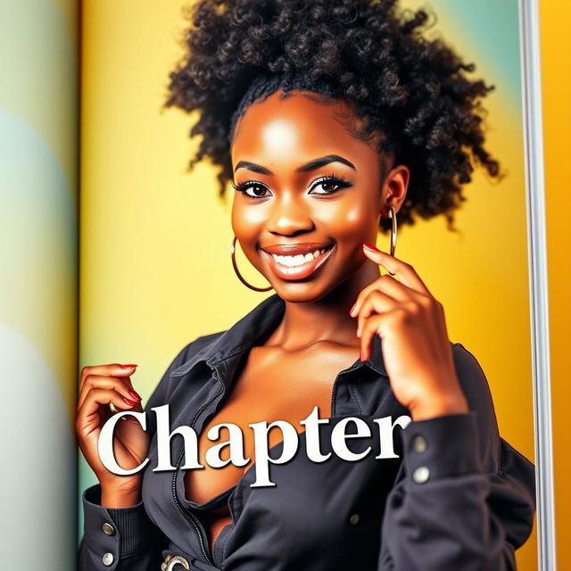 A stunning 22-year-old black woman, radiating confidence and beauty, posed elegantly on the cover page of a modern interactive book