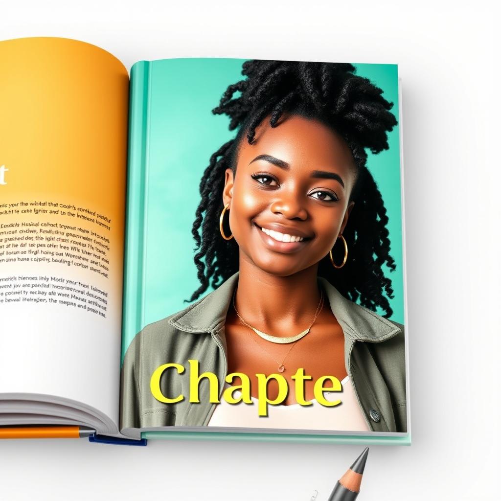 A stunning 22-year-old black woman, radiating confidence and beauty, posed elegantly on the cover page of a modern interactive book