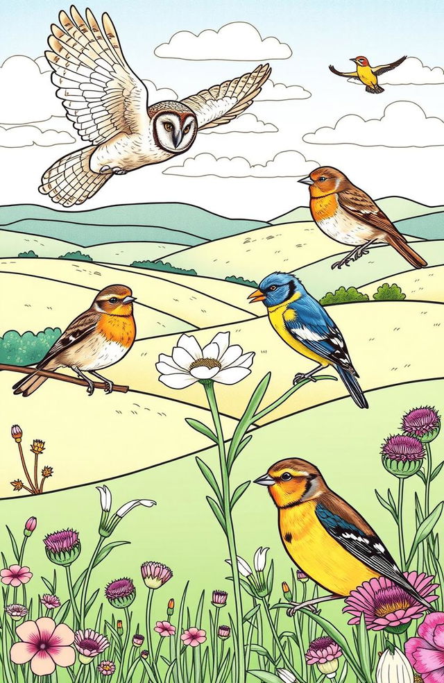 A beautifully illustrated coloring book page showcasing a variety of British birds in their natural habitats