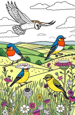 A beautifully illustrated coloring book page showcasing a variety of British birds in their natural habitats