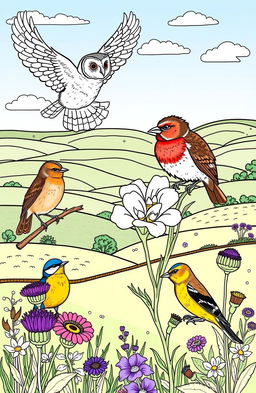 A beautifully illustrated coloring book page showcasing a variety of British birds in their natural habitats