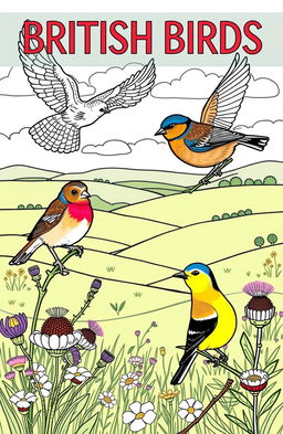 A beautifully illustrated coloring book page showcasing a variety of British birds in their natural habitats