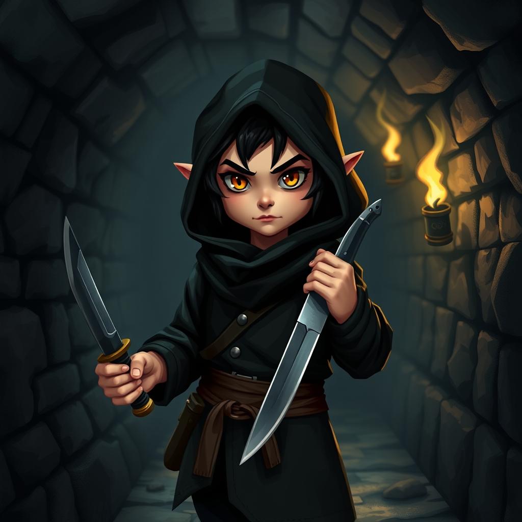 A halfling character with black hair and brown eyes, dressed in all-black thief attire, standing in a dark Dungeons & Dragons-inspired sewer