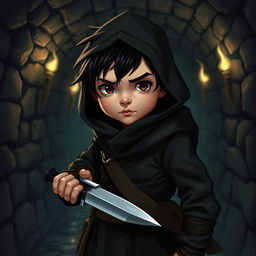 A halfling character with black hair and brown eyes, dressed in all-black thief attire, standing in a dark Dungeons & Dragons-inspired sewer