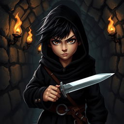A halfling character with black hair and brown eyes, dressed in all-black thief attire, standing in a dark Dungeons & Dragons-inspired sewer