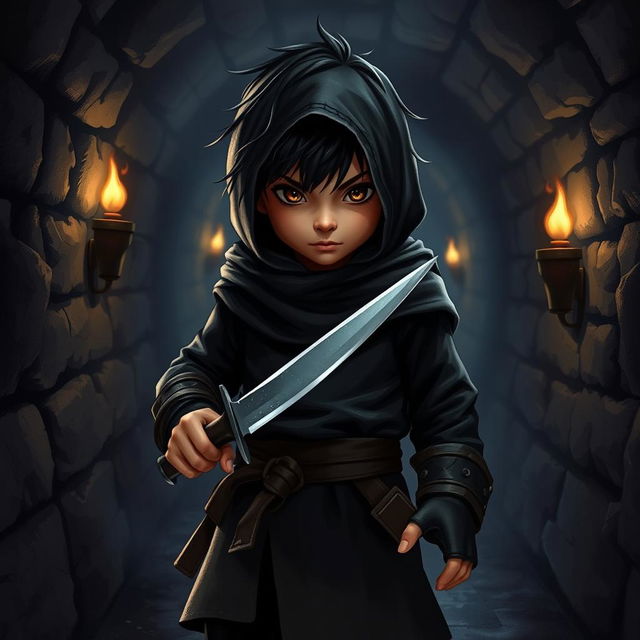 A halfling character with black hair and brown eyes, dressed in all-black thief attire, standing in a dark Dungeons & Dragons-inspired sewer