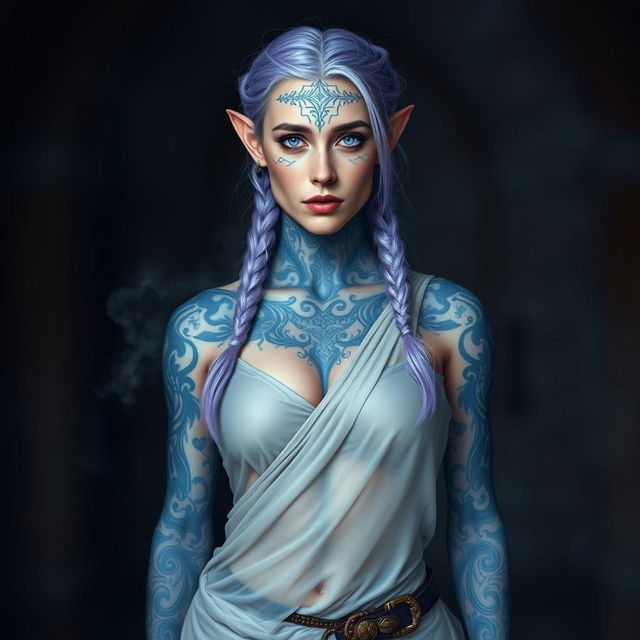 A proud 42-year-old female semi-elf with pointy ears, adorned with intricate Nordic blue tattoos covering her forehead and ears, showcasing her fit body