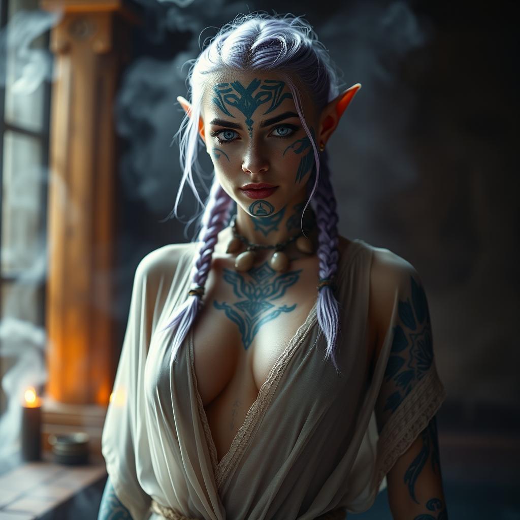 A proud 42-year-old female semi-elf with pointy ears, adorned with intricate Nordic blue tattoos covering her forehead and ears, showcasing her fit body