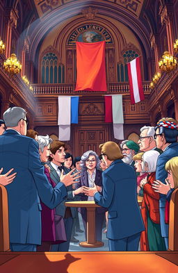 A vibrant and impactful illustration of political symbols and figures engaged in a passionate discussion