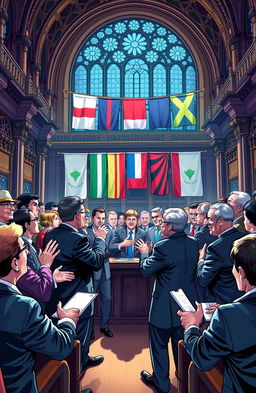 A vibrant and impactful illustration of political symbols and figures engaged in a passionate discussion