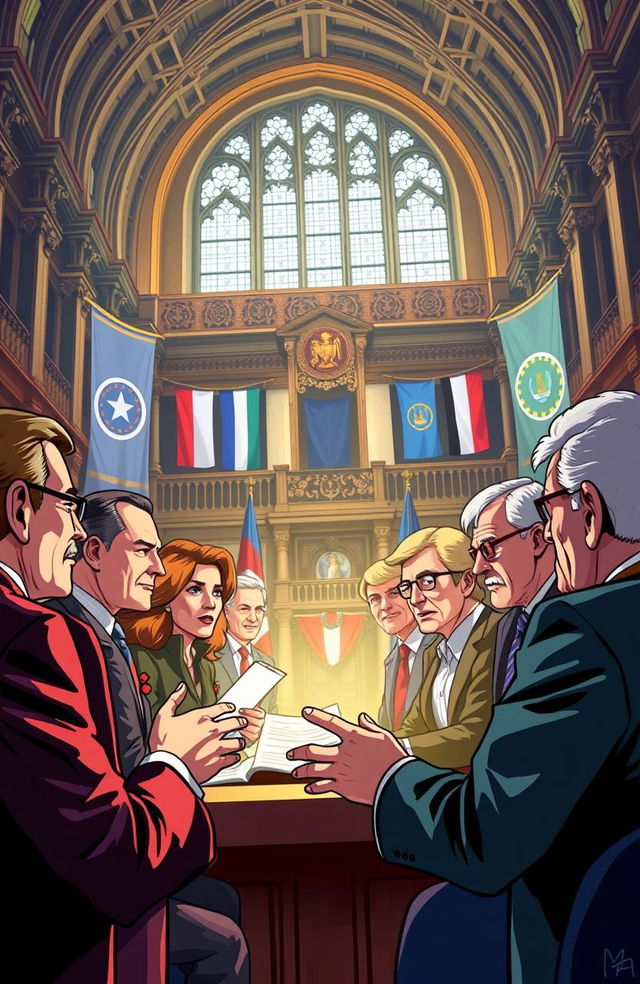 A vibrant and impactful illustration of political symbols and figures engaged in a passionate discussion