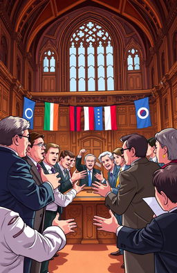 A vibrant and impactful illustration of political symbols and figures engaged in a passionate discussion