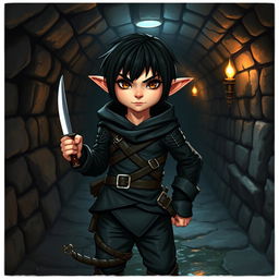 A halfling character with black hair and brown eyes, dressed in sleek black thief attire without a hood, standing confidently in a dark Dungeons & Dragons-inspired sewer