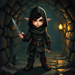 A halfling character with black hair and brown eyes, dressed in sleek black thief attire without a hood, standing confidently in a dark Dungeons & Dragons-inspired sewer