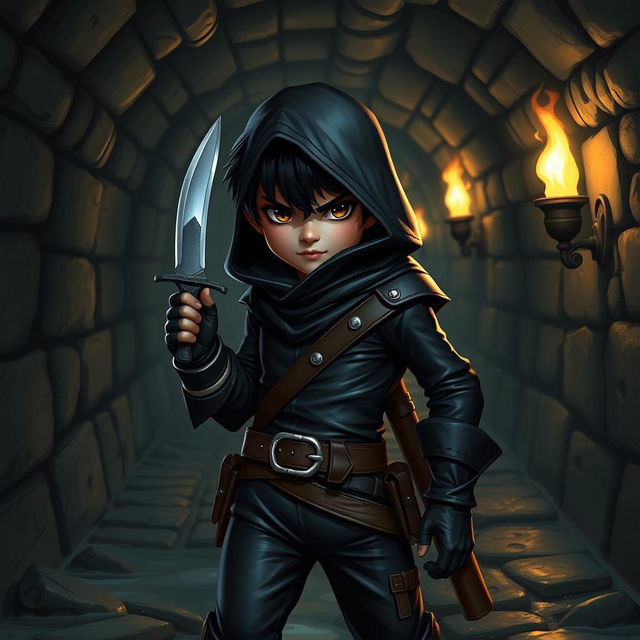 A halfling character with black hair and brown eyes, dressed in sleek black thief attire without a hood, standing confidently in a dark Dungeons & Dragons-inspired sewer