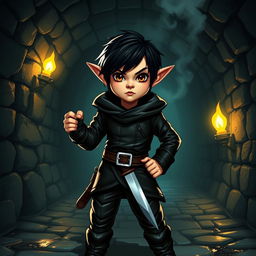 A halfling character with black hair and brown eyes, dressed in sleek black thief attire without a hood, standing confidently in a dark Dungeons & Dragons-inspired sewer