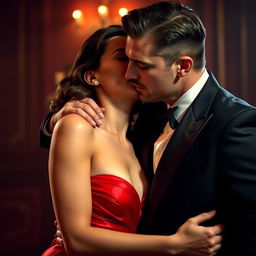 A powerful, possessive man dressed in a stylish mafia suit, exuding confidence and charm, gently kissing the neck of a beautiful lady wearing an elegant red gown