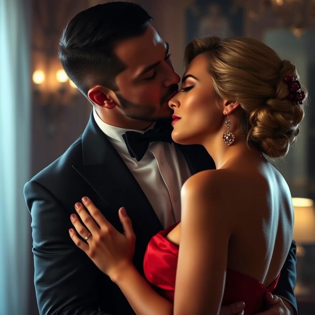 A powerful, possessive man dressed in a stylish mafia suit, exuding confidence and charm, gently kissing the neck of a beautiful lady wearing an elegant red gown