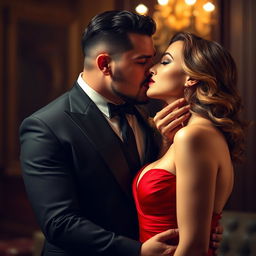 A powerful, possessive man dressed in a stylish mafia suit, exuding confidence and charm, gently kissing the neck of a beautiful lady wearing an elegant red gown