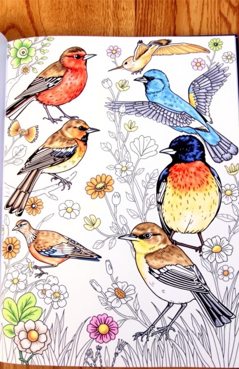 A beautifully illustrated coloring book page featuring a variety of British birds in their natural habitats