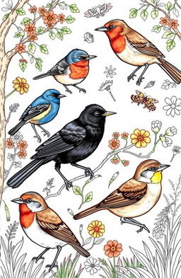 A beautifully illustrated coloring book page featuring a variety of British birds in their natural habitats