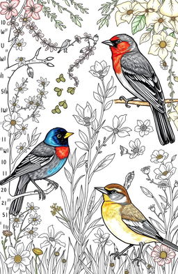 A beautifully illustrated coloring book page featuring a variety of British birds in their natural habitats