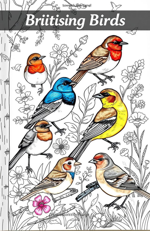 A beautifully illustrated coloring book page featuring a variety of British birds in their natural habitats