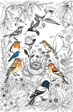 An intricate coloring book page featuring a variety of British birds in a natural setting