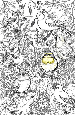 An intricate coloring book page featuring a variety of British birds in a natural setting