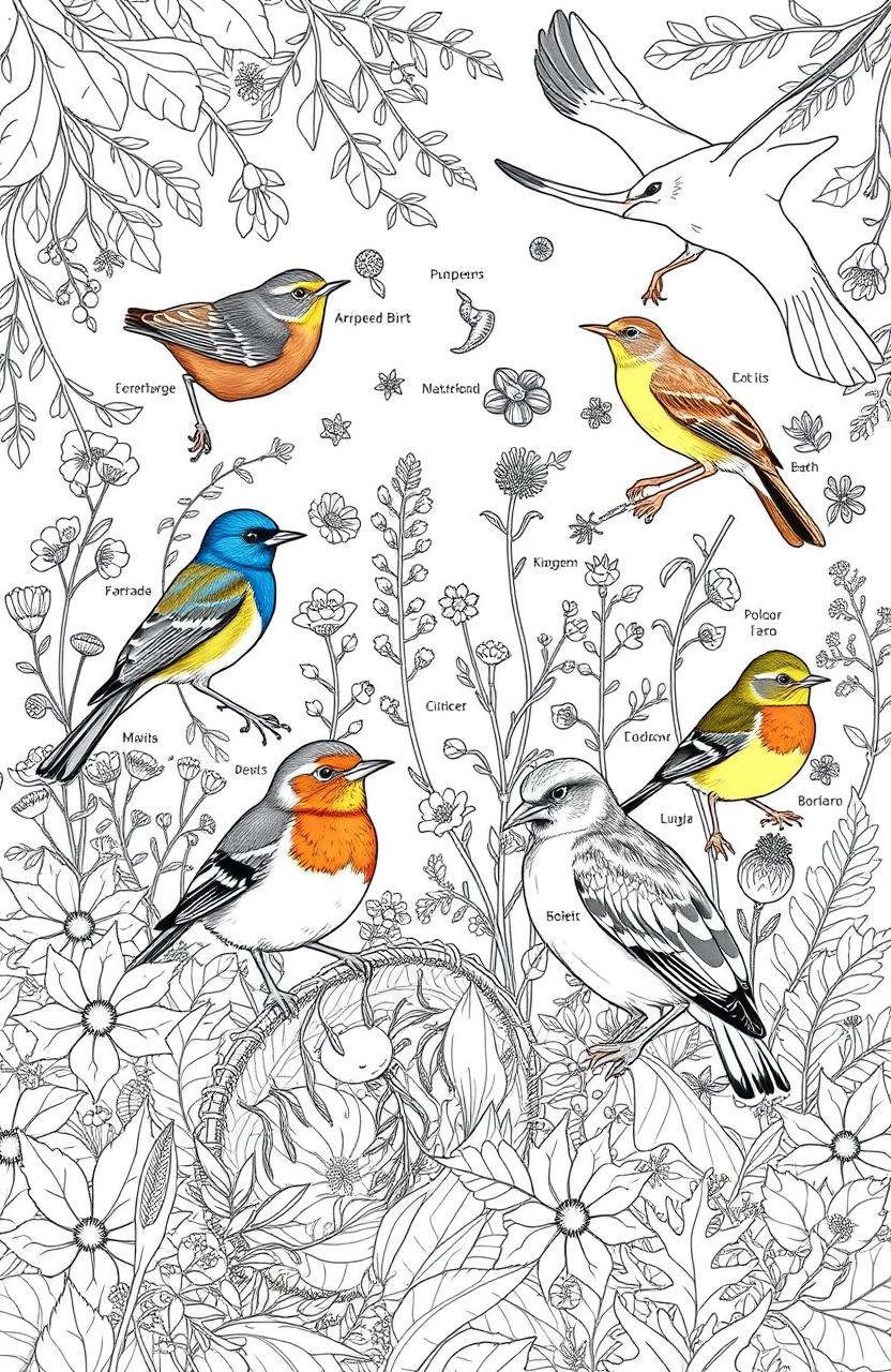 An intricate coloring book page featuring a variety of British birds in a natural setting