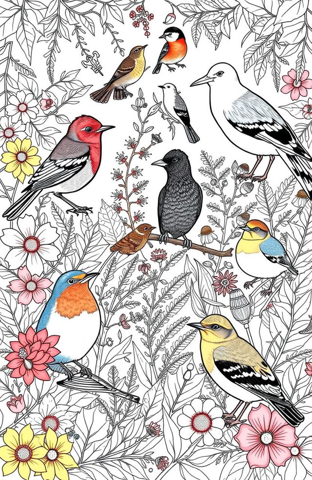 An intricate coloring book page featuring a variety of British birds in a natural setting