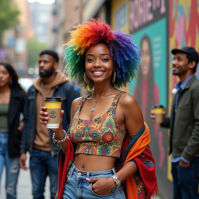 A young woman with colorful hair, wearing a vibrant, eclectic outfit that combines various patterns and textures, reflecting a modern, inclusive style