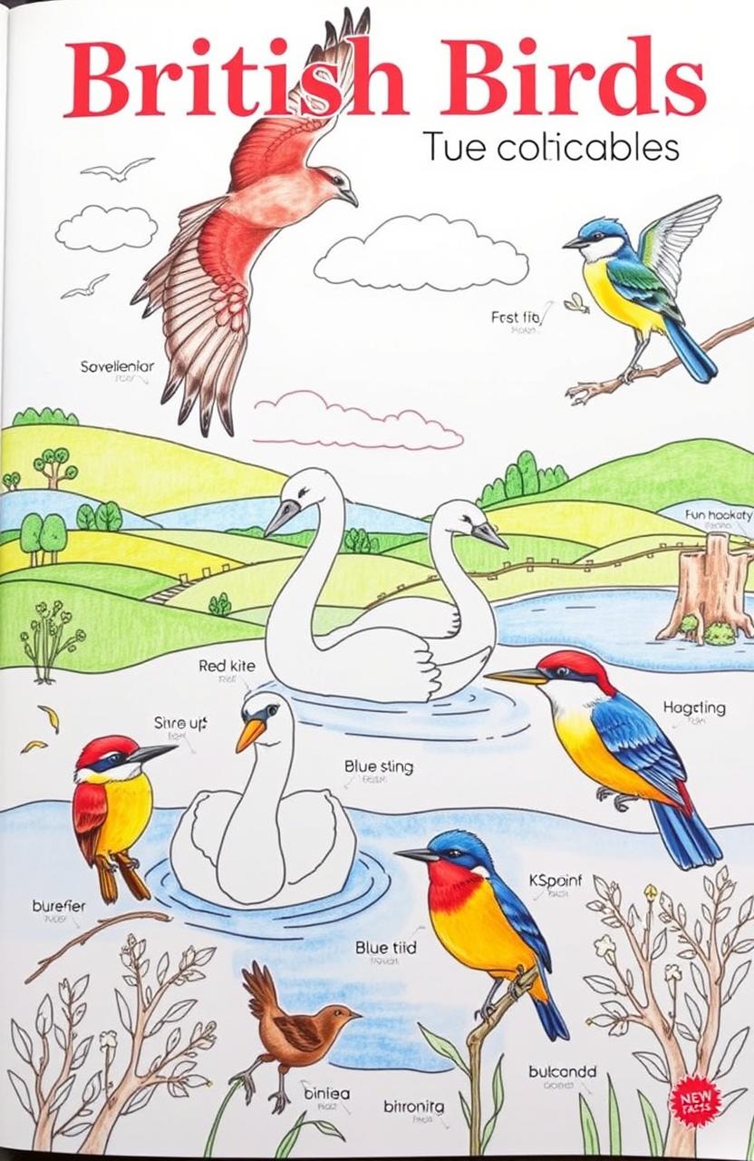 A beautifully illustrated coloring book featuring various species of British birds, each page showcasing a different bird native to the UK