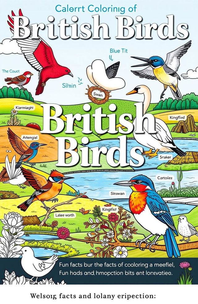 A beautifully illustrated coloring book featuring various species of British birds, each page showcasing a different bird native to the UK