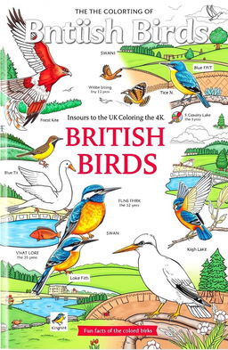 A beautifully illustrated coloring book featuring various species of British birds, each page showcasing a different bird native to the UK