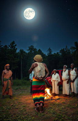A 38-year-old black man, dressed in vibrant Rastafarian colors and wearing a Rastafarian woollen cap, carries a monolith in his hands through a serene forest clearing